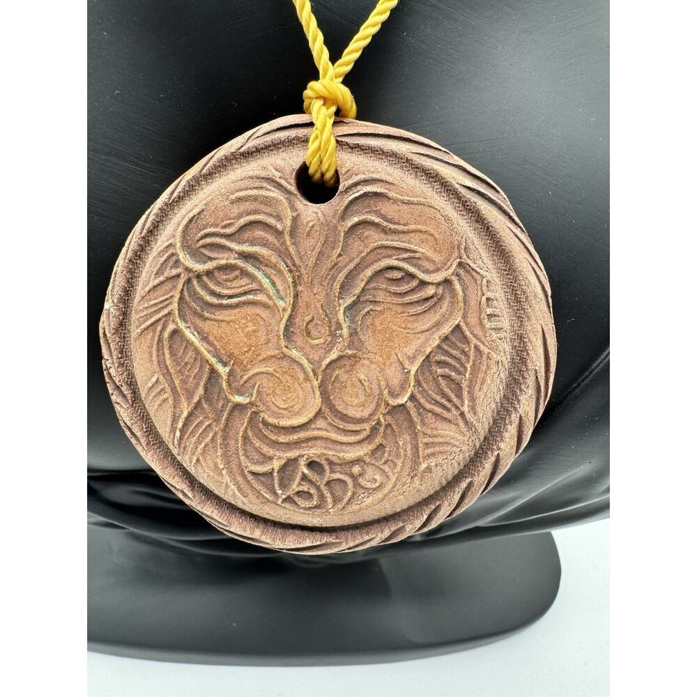 VTG Buddhist Clay Pendant Lion Head Symbolism Om Mani Padme Hum Spiritual Amulet